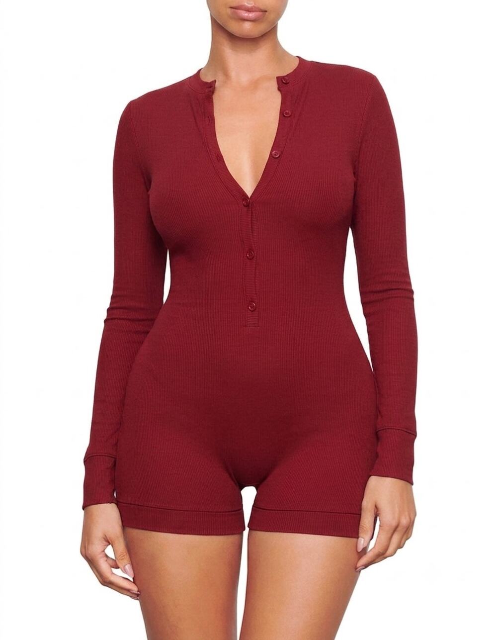 NWT SKIMS Soft Lounge Henley Onesie Brick Red Size Small